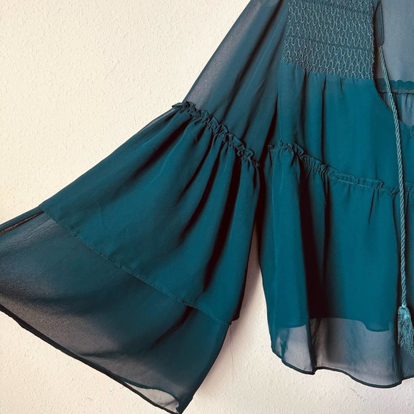 Ecote Sheer Boho Bell Sleeve Turquoise Blouse Sz S - Picture 4 of 5